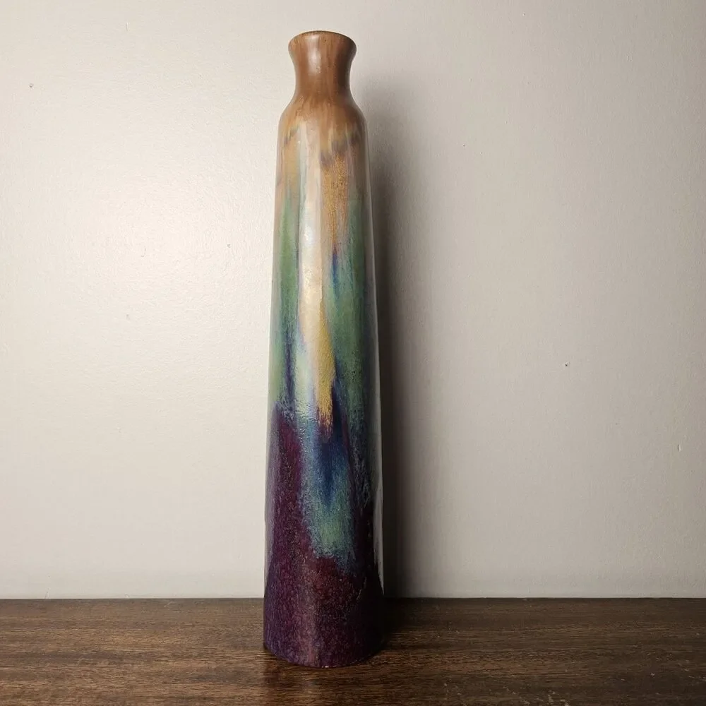Art Pottery Drip Glaze Vase Iridescent Stoneware Signed 14